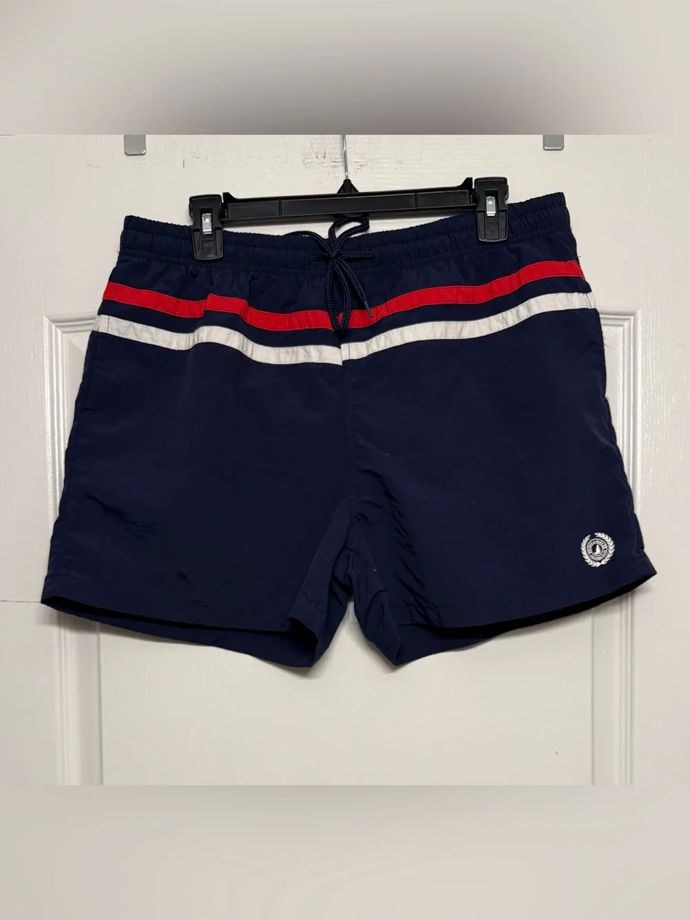 Aqua Mare Men’s Navy Swim Trunks XL Red White Stripe Mesh Lined Shorts